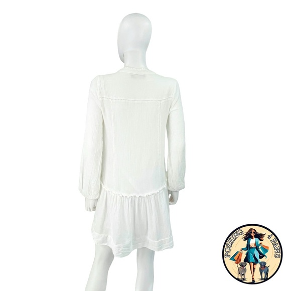 Pomander Place NEW White Gauze Beaded Long Puff Sleeve V-Neck Mini Dress Size S - Picture 5 of 10
